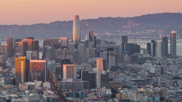 San Francisco Centrum Biznesowej Dzielnicy Drapaczami Chmur Timelapse Zachodu Zmierzchu — Wideo stockowe