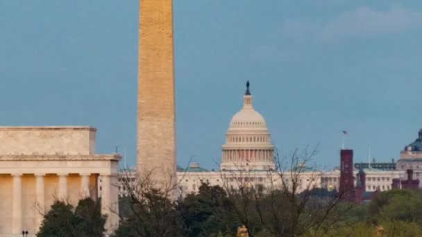 Washington Monument Lincoln Memorial Capitol Hill Timelapse Jour Soir — Video