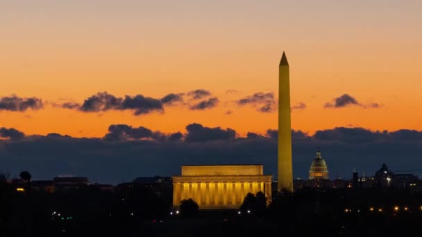 Washingtonmonumentet Lincoln Memorial Och Capitol Hill Vid Soluppgången Timelapse — Stockvideo