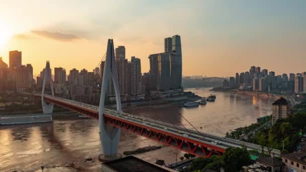 Chongqing City Timelapse View Urban Architecture Bridge River Sunset Dusk — Stock Video