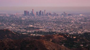 Modern gökdelen binalarının panoramik manzarası Los Angeles şehir merkezindeki dağın tepesinden izleniyor.
