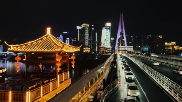 Arquitectura Urbana Ciudad Chongqing Puente Qiansimen Través Del Río Por — Vídeo de stock