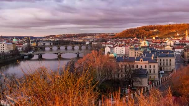 Prag Stad Skyline Med Arkitektur Och Urbana Tid Förflutit Tjeckien — Stockvideo