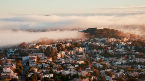 カリフォルニア州サンフランシスコの住宅街のダウンタウンを通過する重い霧 — ストック動画