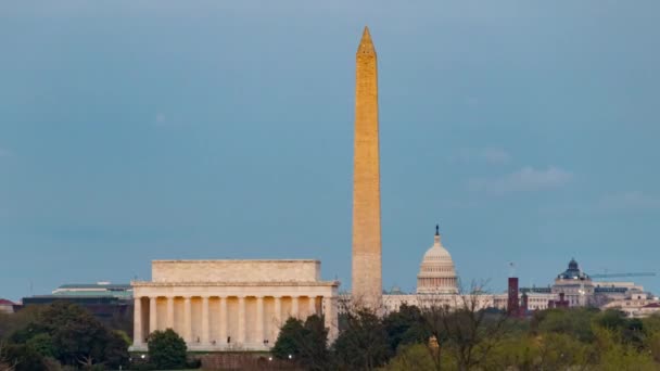 Washington Monument Lincoln Memorial Och Capitol Hill Timelapse Från Dag — Stockvideo
