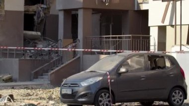 Kyiv Ukraine 05.03.2022 Destructions buildings and car by rocket at War