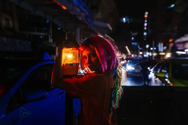 Fashion Portrait Young Girl Night Bangkok Cyberpunk 2077 — Foto de Stock