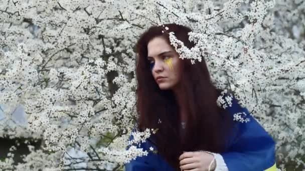 Νεαρό Ελκυστικό Κορίτσι Πορτρέτο Την Ουκρανική Σημαία Στον Κήπο Κεράσι — Αρχείο Βίντεο