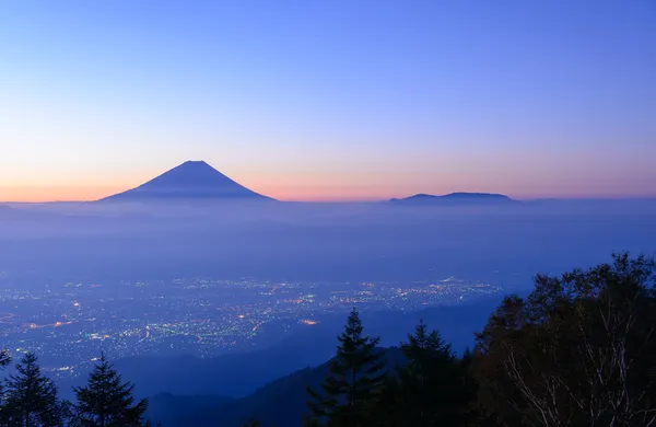 Lights of the Kofu city and Mt.Fuji at dawn — Stock Photo, Image