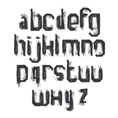 set, çizilmiş tek renkli script, kirli vektör alfabesi harfleri
