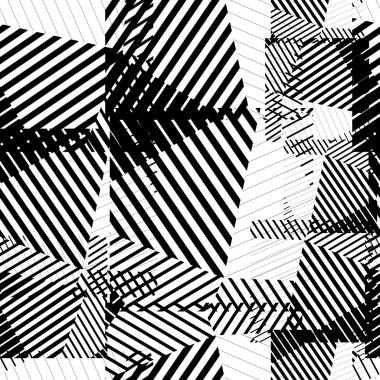 Black and white seamless pattern with parallel lines and geometr
