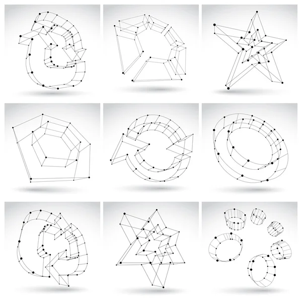 Set di oggetti astratti monocromatici in mesh 3d isolati su bac bianco — Vettoriale Stock