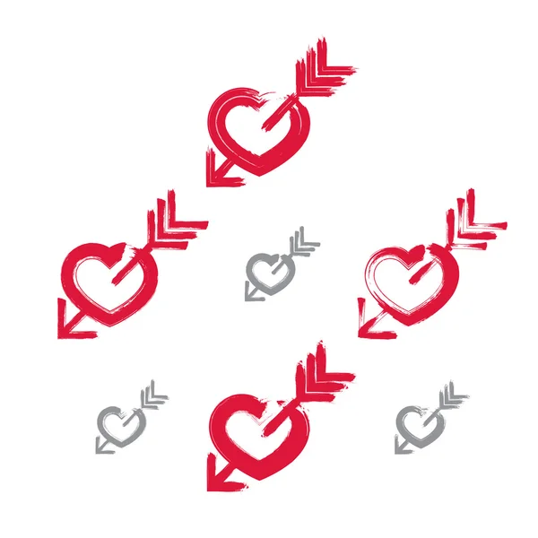 Conjunto de iconos de corazón de amor rojo dibujado a mano, colección de dibujo de pincel — Vector de stock