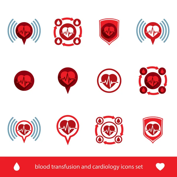 Kardiologia i transfuzji krwi wektor zestaw ikon, kreatywnych symb — Wektor stockowy