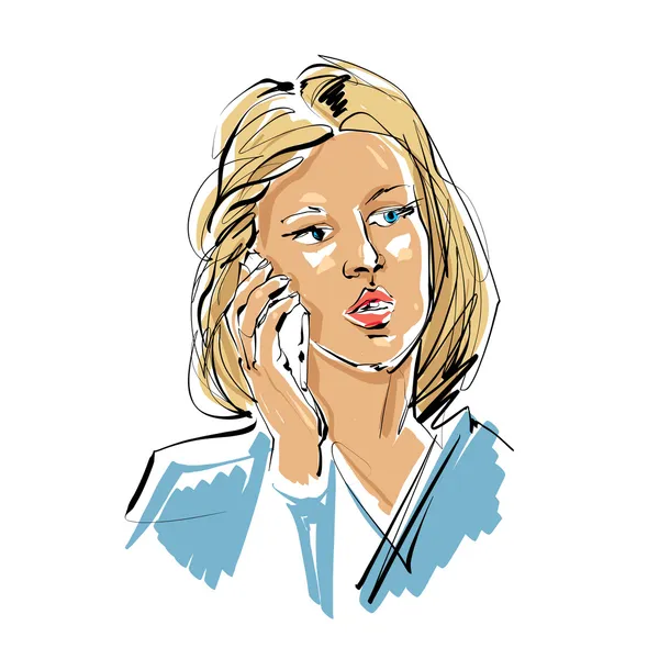 Illustrazione colorata disegnata a mano di una donna con un telefono cellulare, g — Vettoriale Stock