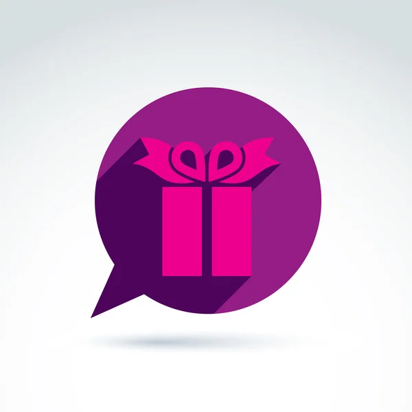 Burbuja del habla con un signo de caja de regalo púrpura. Vector icono actual . — Archivo Imágenes Vectoriales