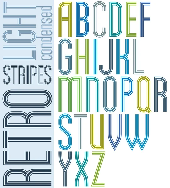 Poster retro light striped font, condensed uppercase letters on — Stock Vector