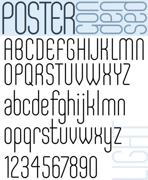 Poster zwart licht versmald lettertype en nummers. — Stockvector