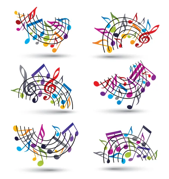 Brillante alegre vector pentagramas con notas musicales sobre fondo blanco — Archivo Imágenes Vectoriales