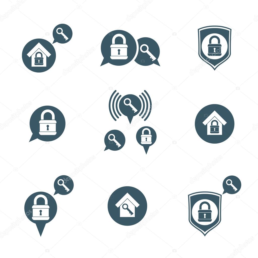 House security protection vector icons set, home, house, padlock