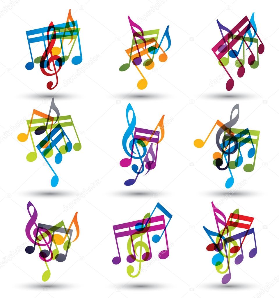 Bright expressive jolly musical notes and symbols isolated on wh