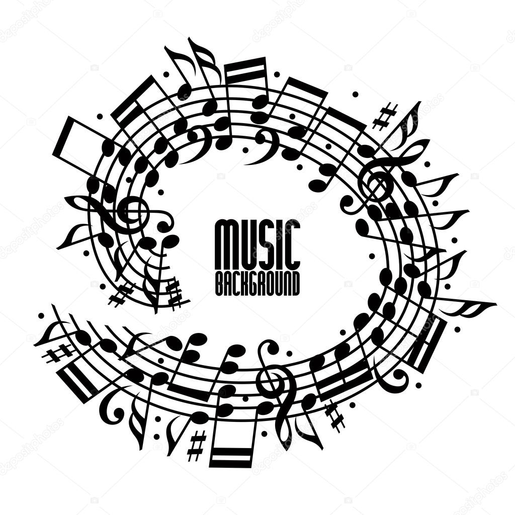Vector black rounded stave with musical notes on white background, decorative musical notation.