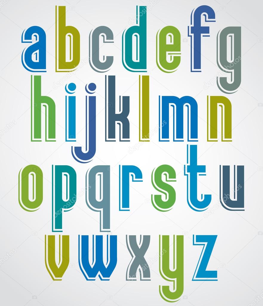 Colorful animated font, comic lower case letters with white outl