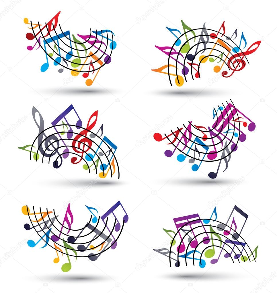 Bright jolly vector staves with musical notes on white backgroun