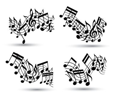 Vector black jolly wavy staves with musical notes on white backg clipart