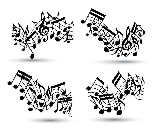 Vector black jolly wavy staves with musical notes on white backg