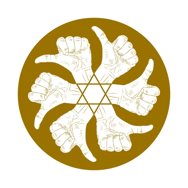 Zes duim omhoog hand tekenen in ronde abstracte symbool met zeshoekige — Stockvector