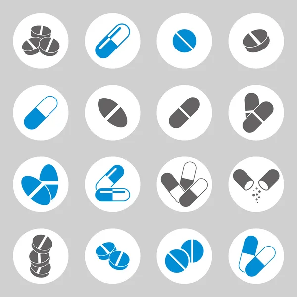 Pílulas médicas conjunto de ícones, coleção vetorial. —  Vetores de Stock