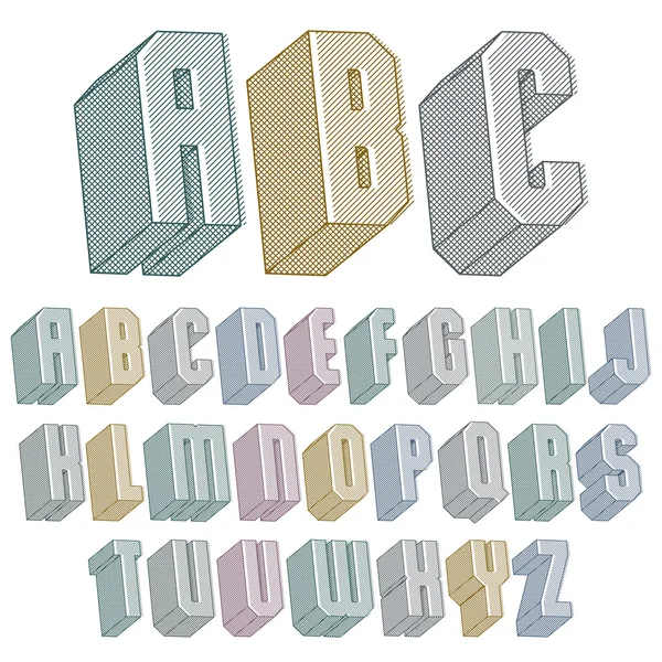 3d font with lines textures, simple shaped geometric letters alp — Stock Vector