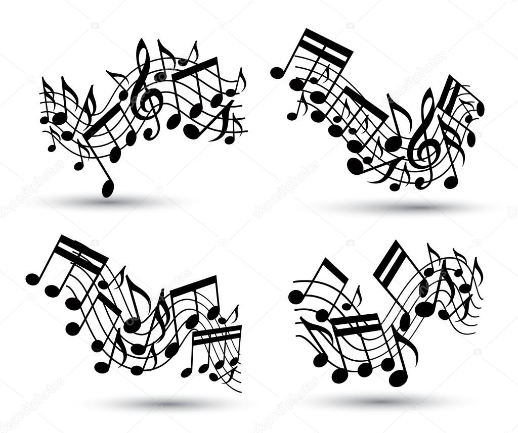 Vector black jolly wavy staves with musical notes on white background, decorative set of musical notation symbols.
