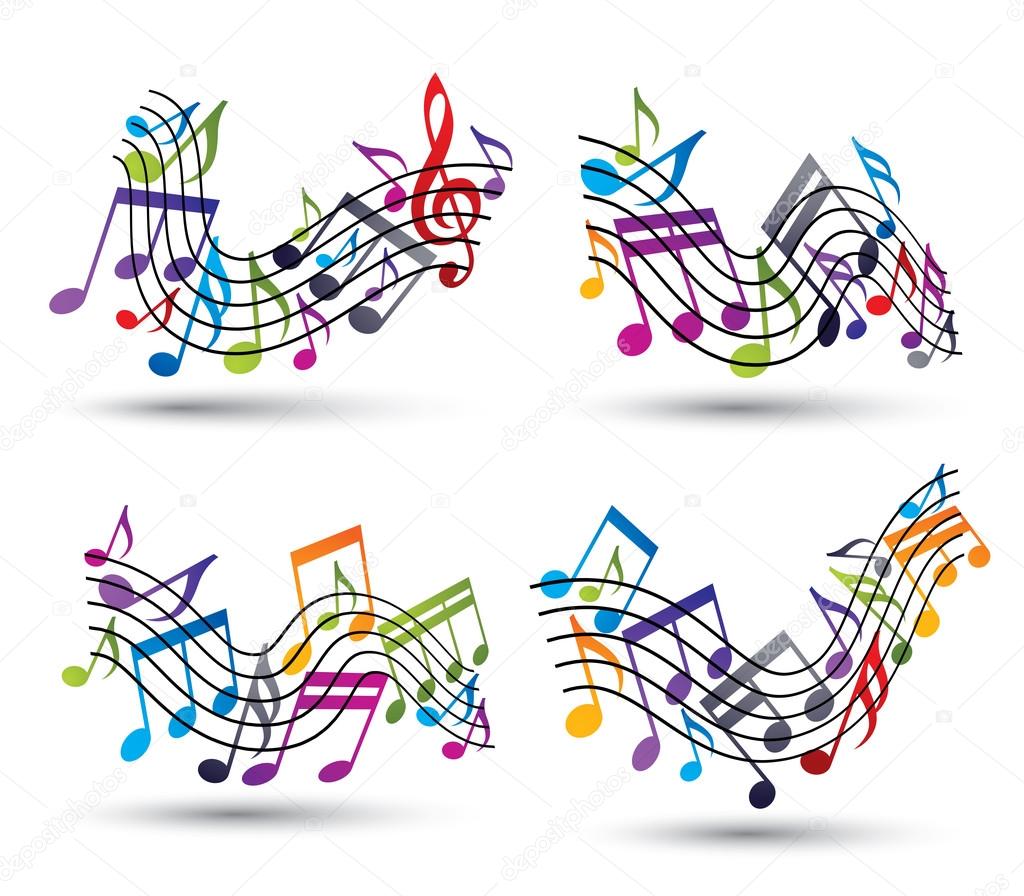 Bright jolly vector staves with musical notes on white background, decorative major wavy set of musical notation symbol.
