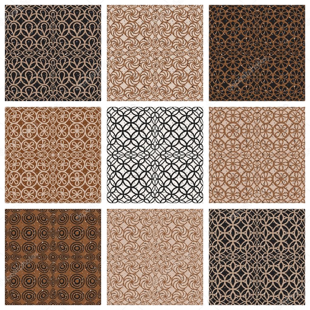 Monochrome brown vintage style tiles seamless patterns set.