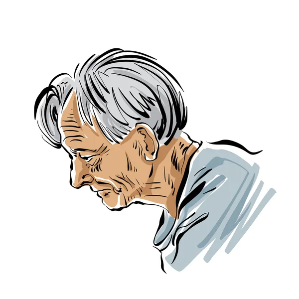 손으로 흰색 배경, 회색 머리에 오래 된 남자 그림을 그린 — 스톡 벡터