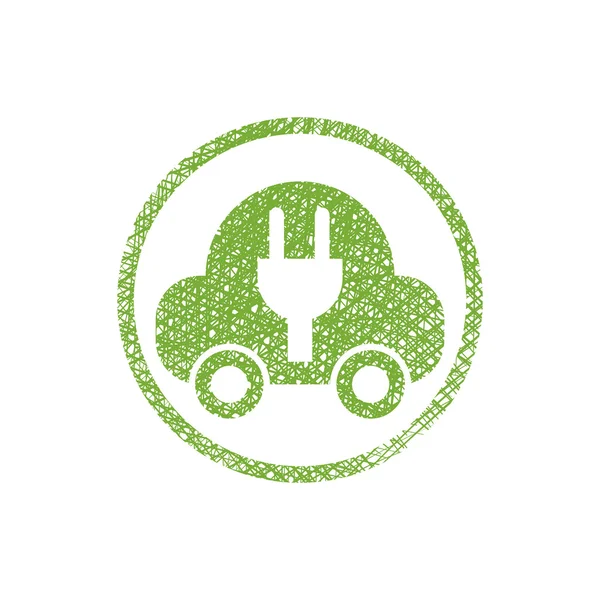 Zielony ekologiczny elektryczny znak samochodu z ręcznie rysowane linie tekstury — Wektor stockowy