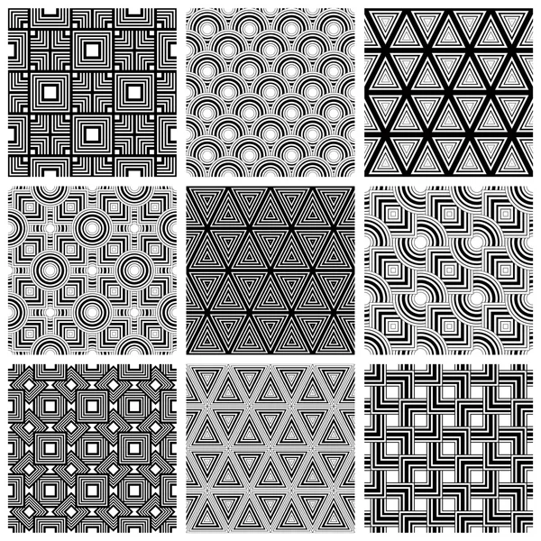 Black and white geometric seamless patterns set, vector backgrou — Stock Vector