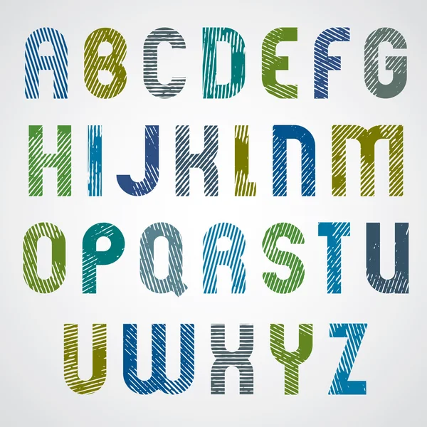 Grunge colorful rubbed upper case letters, decorative font on wh — Stock Vector