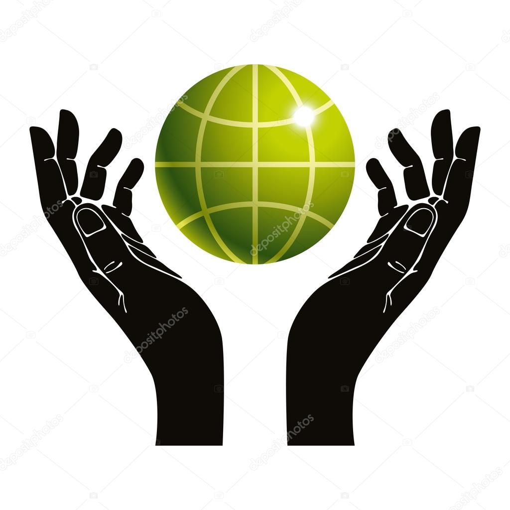 Hands and earth vector symbol, ecology care vector illustration.