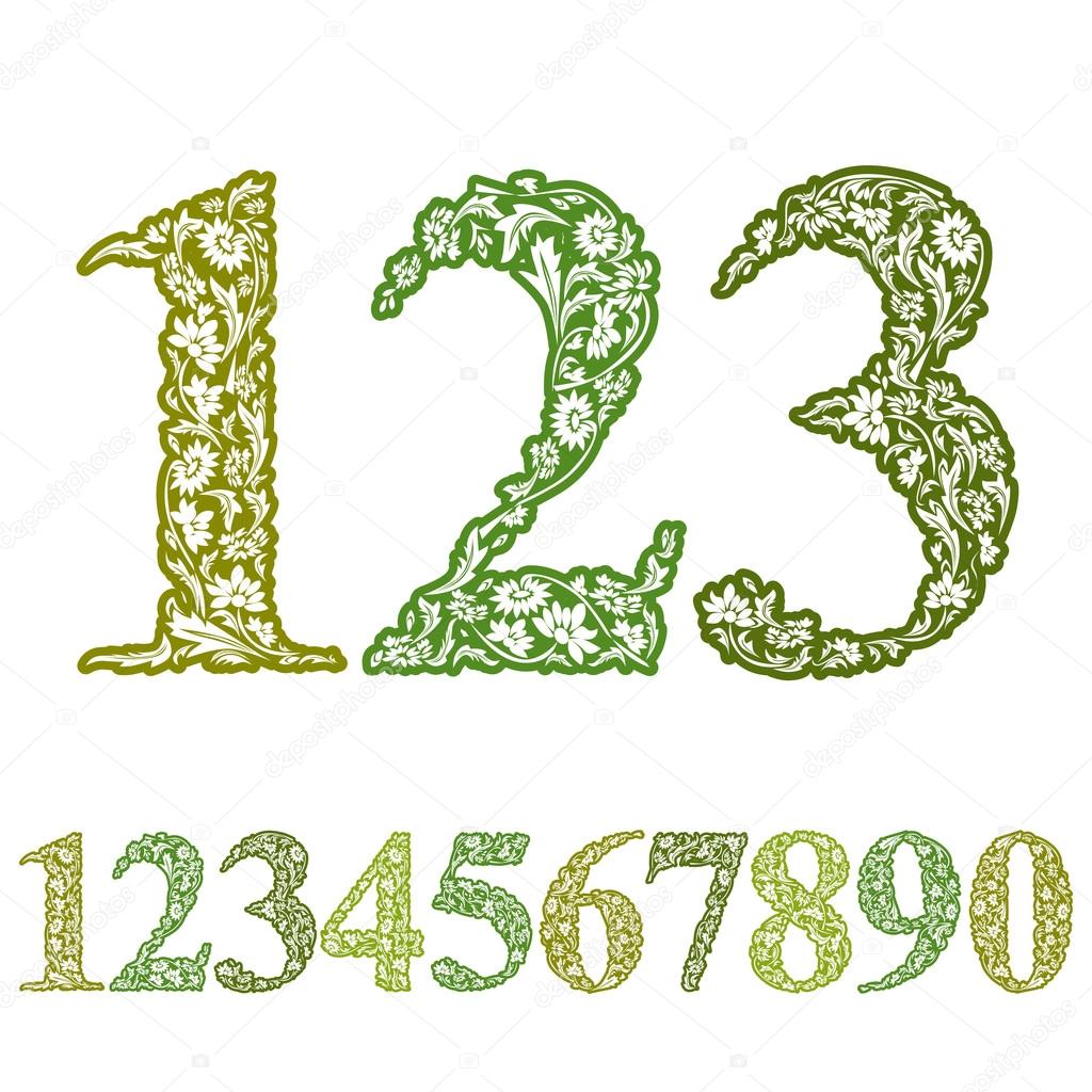 Floral numbers set, vintage style numerals, vector set.