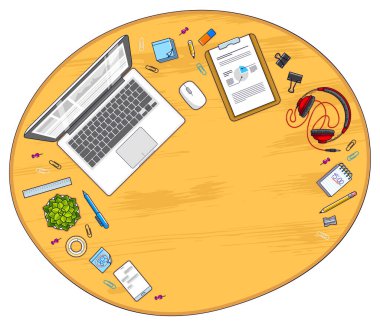 Ahşap ofis çalışanı veya girişimci Danışma işyerinde dizüstü bilgisayar ve metin için kopya yer ile çeşitli ileti örneği nesnelerle çalışmak için. Tüm öğeleri ayrı ayrı kullanımı kolay. Vektör.