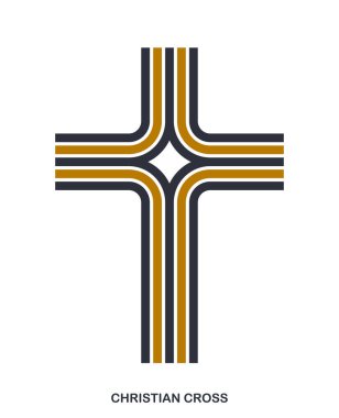 Beyaz, inanç ve inanç üzerine izole edilmiş Hristiyan çapraz modern doğrusal biçim vektör sembolü İsa 'nın çizgili grafik tasarımının çağdaş haç işareti.