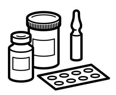 İlaç temalı ilaç temalı ilaç şişeleri haplar ve ampule 3d vektör illüstrasyonu izole, ilaçlar ve uyuşturucular, sağlık ilaçları karikatürü, vitaminler veya antibiyotikler, basit doğrusal tasarım.