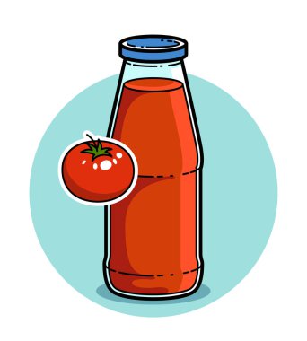 Beyaz arka plan vektör illüstrasyonuna izole edilmiş domates suyu, saf taze meyve suyu için çizgi film tarzı logo veya rozet, lezzetli ve sağlıklı diyet yiyecek içeceği.. 