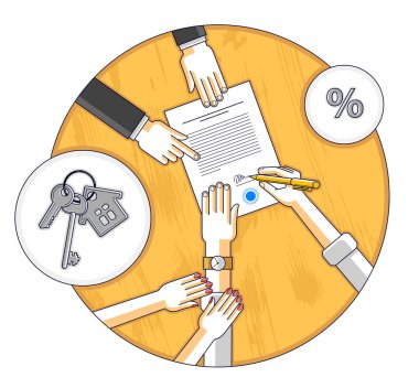 Adam emlak satın almak için banka ipoteği hipotezi imzalıyor ve karısı karar vermesine yardım ediyor. Çalışan da kredi şartlarını, insanların el ve kağıtlarını açıklıyor. Vektör.