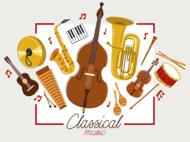 Klasik müzik enstrümanları poster vektör düz çizim, klasik orkestra akustik el ilanı veya afiş, konser veya festival canlı müziği, müzik aletlerinin çeşitliliği.