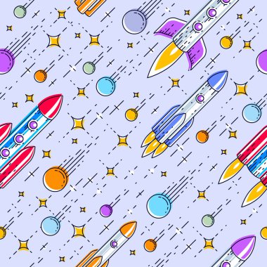 Uzay sorunsuz arka plan roketler, yıldız ve kuyruklu yıldızlar, keşfedilmemiş gökada kozmik fantastik ve ilginç tekstil kumaş, sonsuz çocuklar için illüstrasyon karikatür motifi vektör desen, fayans.