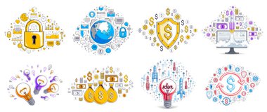 İş ve finans teması birçok basit simge, moda tasarım çizimleri ticari tema koleksiyonu, sembol ve işaret çeşitliliği ile farklı vektör illüstrasyonları.